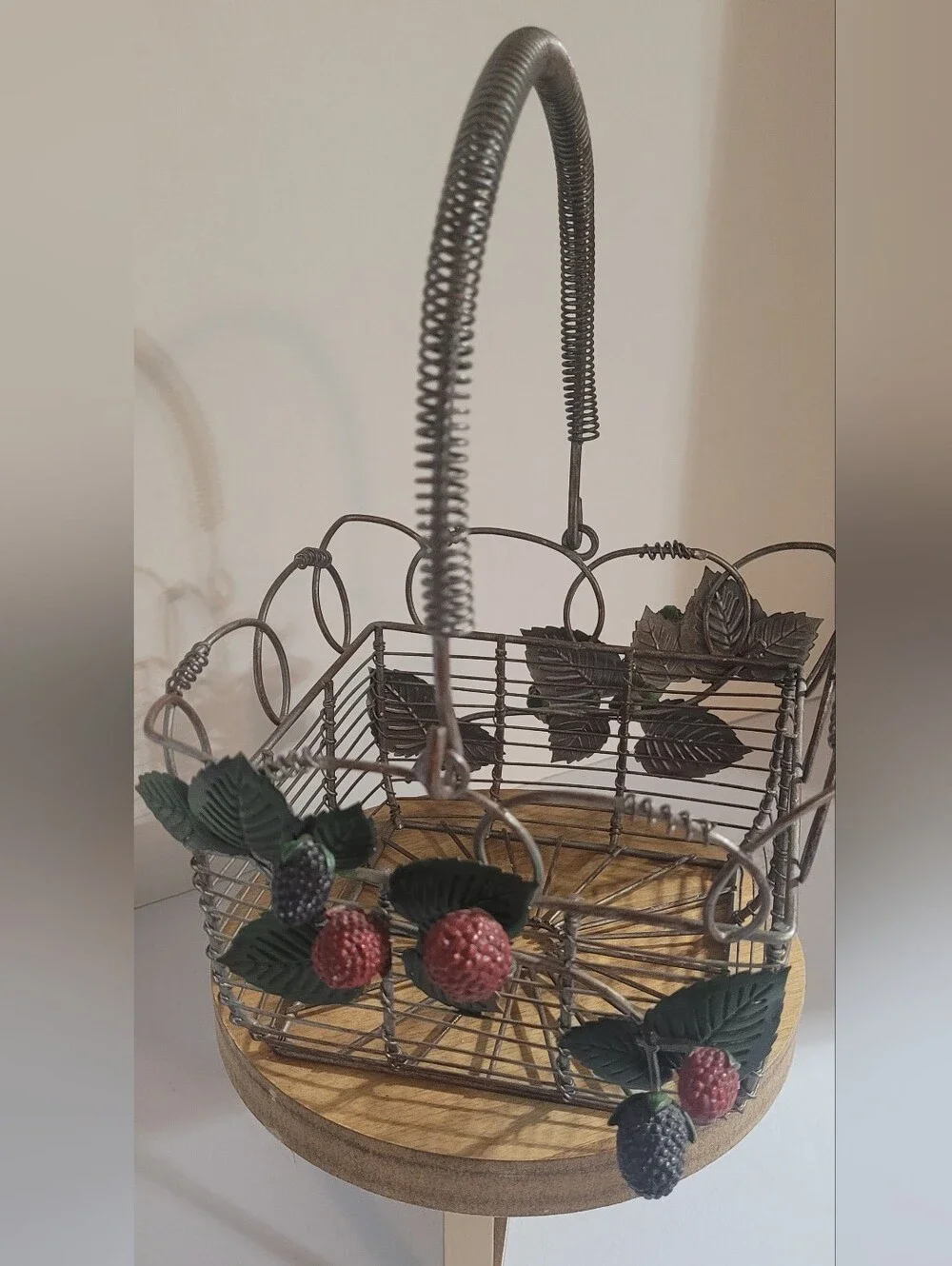 Decorative Metal Berry Basket with Green Leaves - Rustic Home Accent
